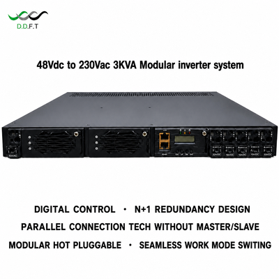 Modułowy system inwerterowy 48 V DC na 220 V AC Redundancja równoległa N+1 Bezproblemowy transfer 0 ms Moc 3 kVA do montażu w stojaku Zasilanie telekomunikacyjne