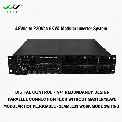 Modułowy system inwerterowy 48 V DC na 220 V AC Redundancja równoległa N+1 Bezproblemowy transfer 0 ms Moc 3 kVA do montażu w stojaku Zasilanie telekomunikacyjne