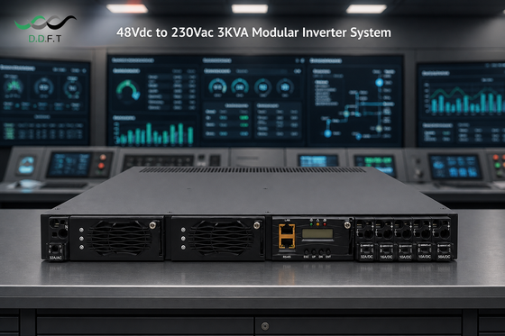 Modułowy system inwerterowy 48 V DC na 220 V AC Redundancja równoległa N+1 Bezproblemowy transfer 0 ms Moc 3 kVA do montażu w stojaku Zasilanie telekomunikacyjne